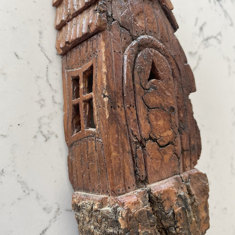 Wood Spirit Carving Fairy House Whimsical Carving Fairy Cottage 10" Signed Art